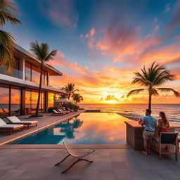 A luxurious beachside villa during sunset, featuring a modern architectural design with large glass windows reflecting the golden light