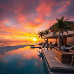 A luxurious beachside villa during sunset, featuring a modern architectural design with large glass windows reflecting the golden light
