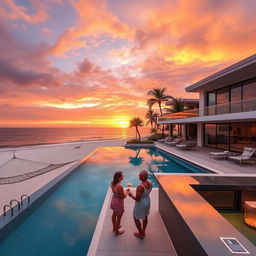 A luxurious beachside villa during sunset, featuring a modern architectural design with large glass windows reflecting the golden light