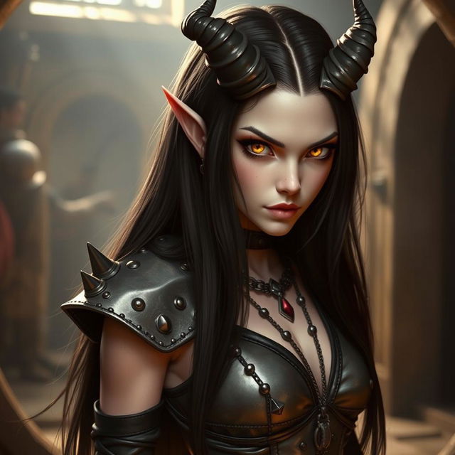 A captivating tiefling girl with long black hair flowing elegantly down her back, showcasing her striking yellow sharp eyes that pierce through the darkness