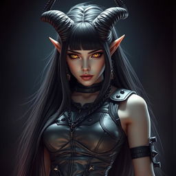 A captivating tiefling girl with long black hair flowing elegantly down her back, showcasing her striking yellow sharp eyes that pierce through the darkness