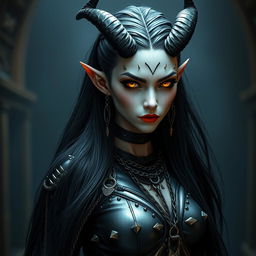 A captivating tiefling girl with long black hair flowing elegantly down her back, showcasing her striking yellow sharp eyes that pierce through the darkness