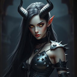 A captivating tiefling girl with long black hair flowing elegantly down her back, showcasing her striking yellow sharp eyes that pierce through the darkness
