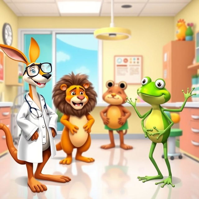 In a bright dental office, all characters are standing while having a lively conversation