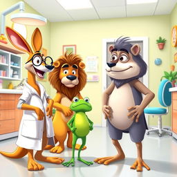 In a bright dental office, all characters are standing while having a lively conversation