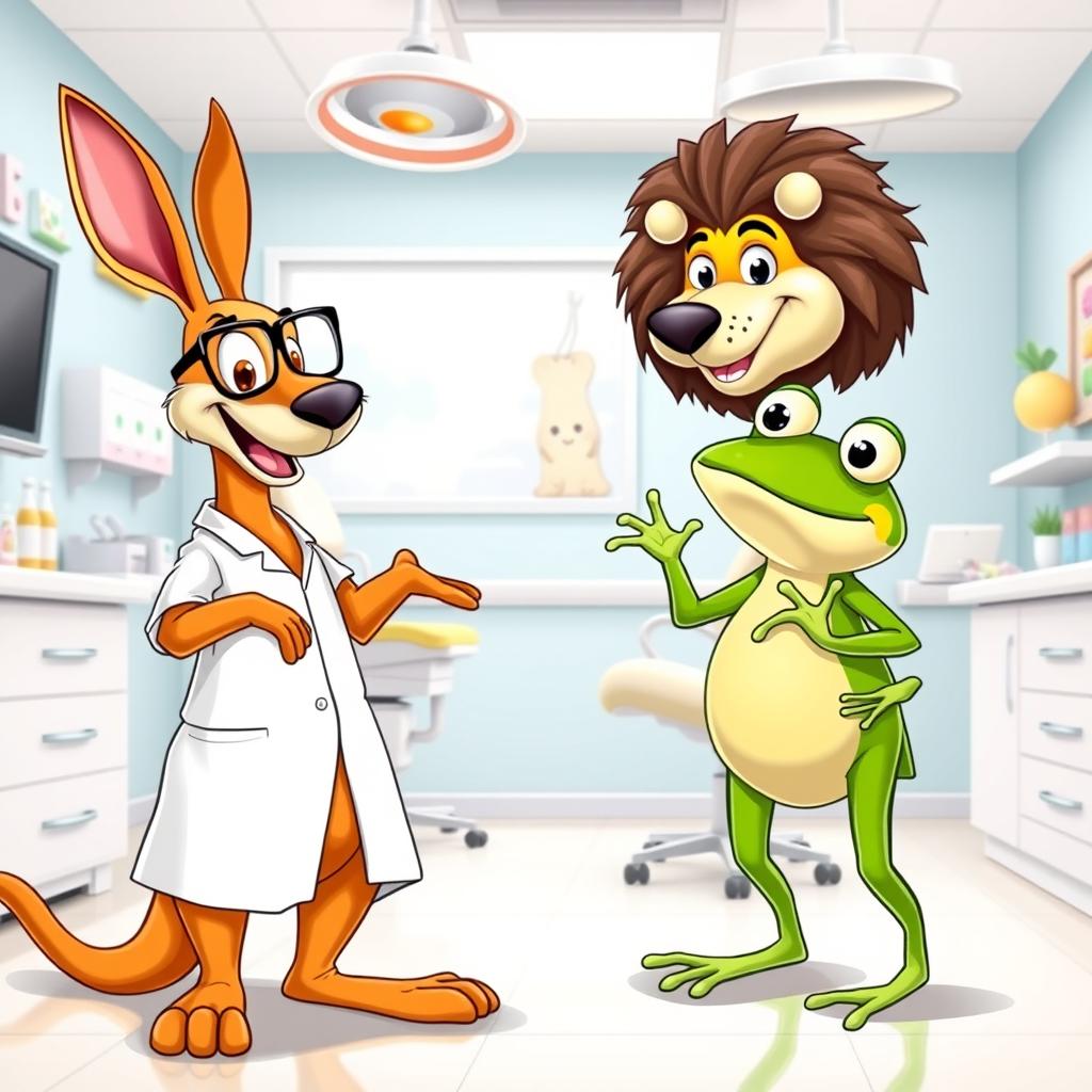 In a bright dental office, all characters are standing while having a lively conversation