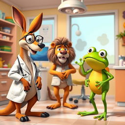 In a bright dental office, all characters are standing while having a lively conversation