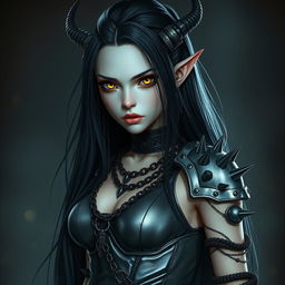 A captivating tiefling girl with long black hair flowing elegantly down her back, showcasing sharp yellow eyes that stand out with an intense glow