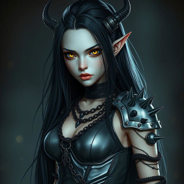 A captivating tiefling girl with long black hair flowing elegantly down her back, showcasing sharp yellow eyes that stand out with an intense glow
