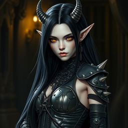 A captivating tiefling girl with long black hair flowing elegantly down her back, showcasing sharp yellow eyes that stand out with an intense glow