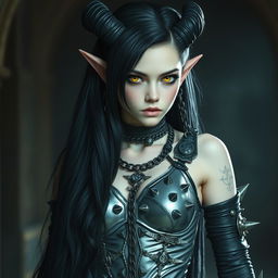 A captivating tiefling girl with long black hair flowing elegantly down her back, showcasing sharp yellow eyes that stand out with an intense glow