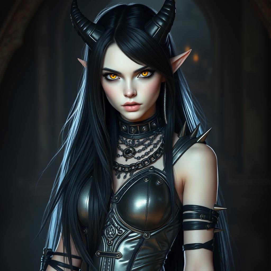 A captivating tiefling girl with long black hair flowing elegantly down her back, showcasing sharp yellow eyes that stand out with an intense glow