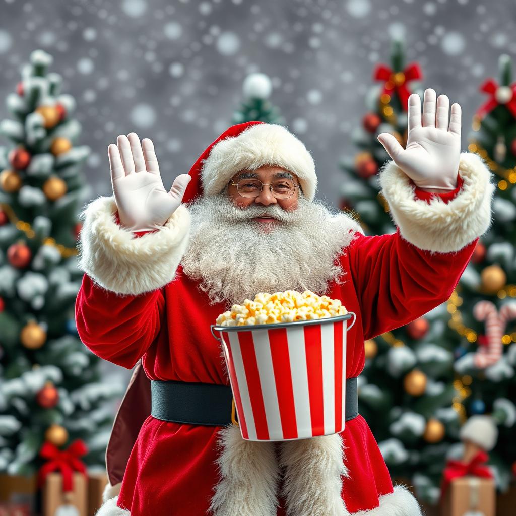 Santa Claus holding a bucket of popcorn, smiling and waving with one hand from left to right, featuring a bushy hair and beard, set against a large snowy background with Christmas trees adorned with festive decorations