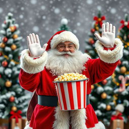 Santa Claus holding a bucket of popcorn, smiling and waving with one hand from left to right, featuring a bushy hair and beard, set against a large snowy background with Christmas trees adorned with festive decorations