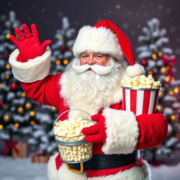 Santa Claus holding a bucket of popcorn, smiling and waving with one hand from left to right, featuring a bushy hair and beard, set against a large snowy background with Christmas trees adorned with festive decorations