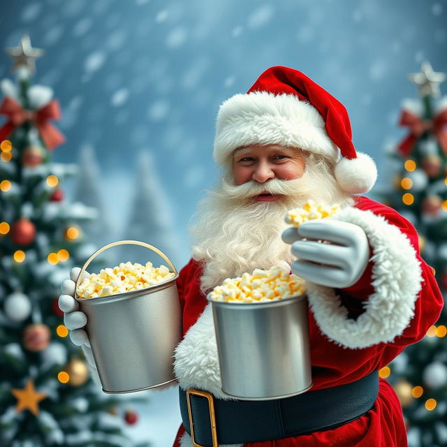 Santa Claus holding a bucket of popcorn, smiling and waving with one hand from left to right, featuring a bushy hair and beard, set against a large snowy background with Christmas trees adorned with festive decorations