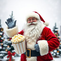 Santa Claus holding a bucket of popcorn, smiling and waving with one hand from left to right, featuring a bushy hair and beard, set against a large snowy background with Christmas trees adorned with festive decorations