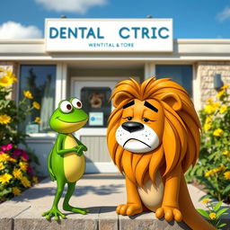 Outside a dental office, a sad lion stands with a downcast expression, engaging in a heartfelt conversation with a cheerful green frog