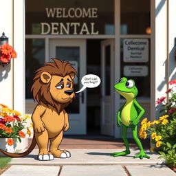 Outside a dental office, a sad lion stands with a downcast expression, engaging in a heartfelt conversation with a cheerful green frog