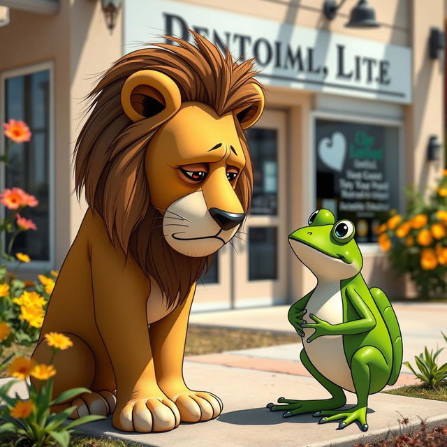 Outside a dental office, a sad lion stands with a downcast expression, engaging in a heartfelt conversation with a cheerful green frog