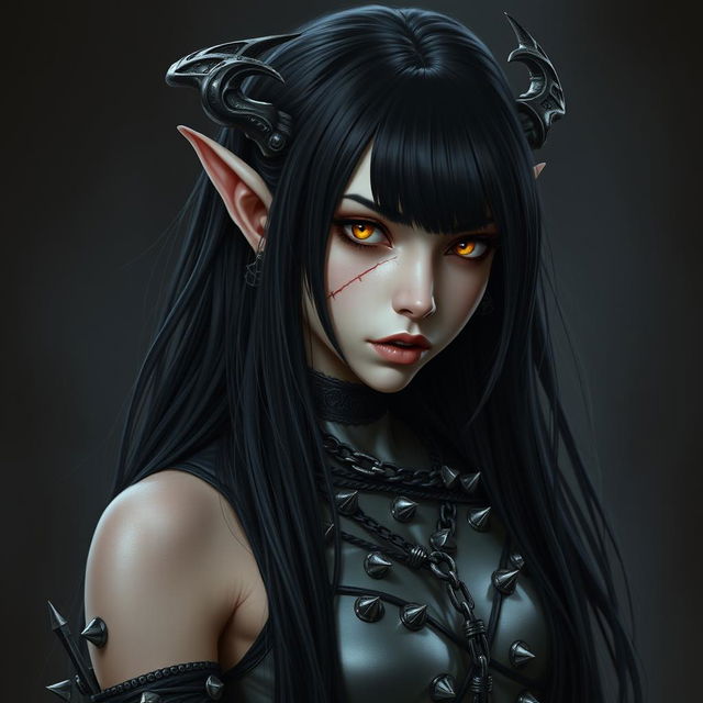 An intriguing tiefling girl with long black hair cascading elegantly down her back, showcasing sharp yellow eyes that exude intensity