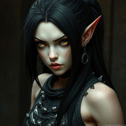 An intriguing tiefling girl with long black hair cascading elegantly down her back, showcasing sharp yellow eyes that exude intensity
