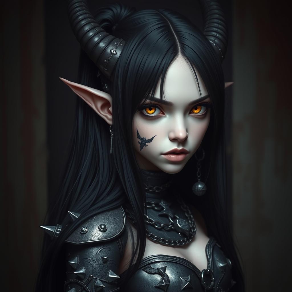 An intriguing tiefling girl with long black hair cascading elegantly down her back, showcasing sharp yellow eyes that exude intensity
