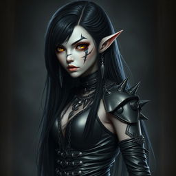 An intriguing tiefling girl with long black hair cascading elegantly down her back, showcasing sharp yellow eyes that exude intensity
