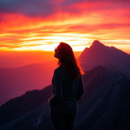 A woman standing on top of a majestic mountain, gazing at a vibrant and colorful sunrise that fills the sky with radiant hues of orange, pink, and purple, symbolizing her journey of self-discovery and personal transformation