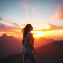 A woman standing on top of a majestic mountain, gazing at a vibrant and colorful sunrise that fills the sky with radiant hues of orange, pink, and purple, symbolizing her journey of self-discovery and personal transformation