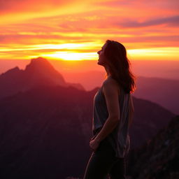 A woman standing on top of a majestic mountain, gazing at a vibrant and colorful sunrise that fills the sky with radiant hues of orange, pink, and purple, symbolizing her journey of self-discovery and personal transformation