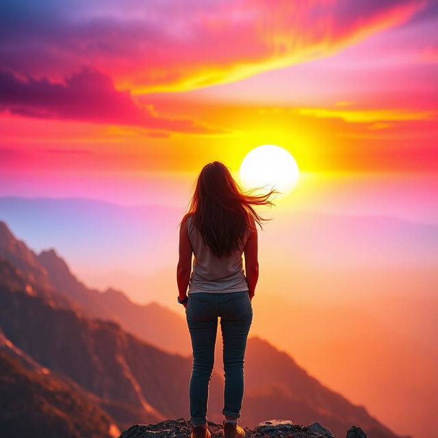 A woman standing on top of a majestic mountain, gazing at a vibrant and colorful sunrise that fills the sky with radiant hues of orange, pink, and purple, symbolizing her journey of self-discovery and personal transformation