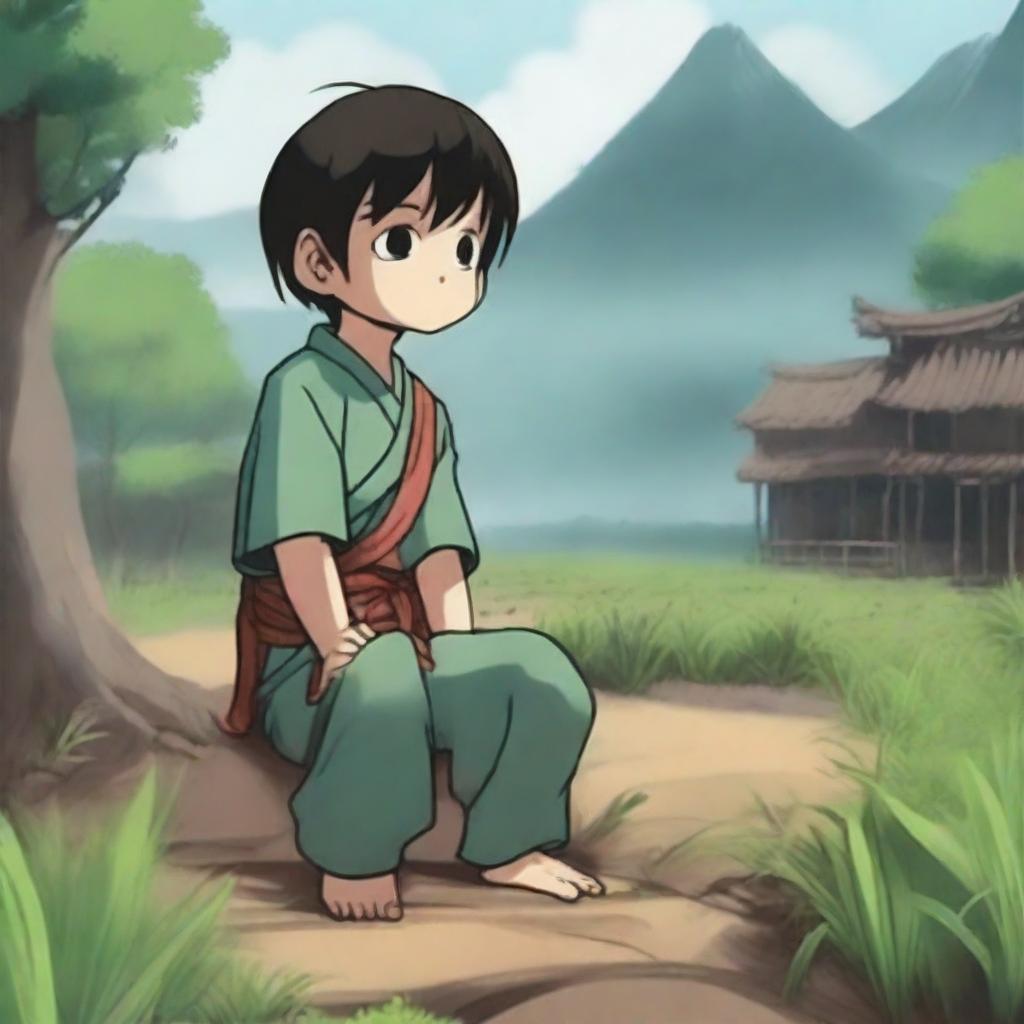 A digital art piece depicts a young boy named Li Ming, living in a remote village, dreaming of becoming a powerful cultivator