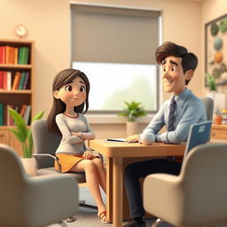A 3D animation scene featuring a medium shot of a young woman named Emma sitting in a cozy school counselor's office