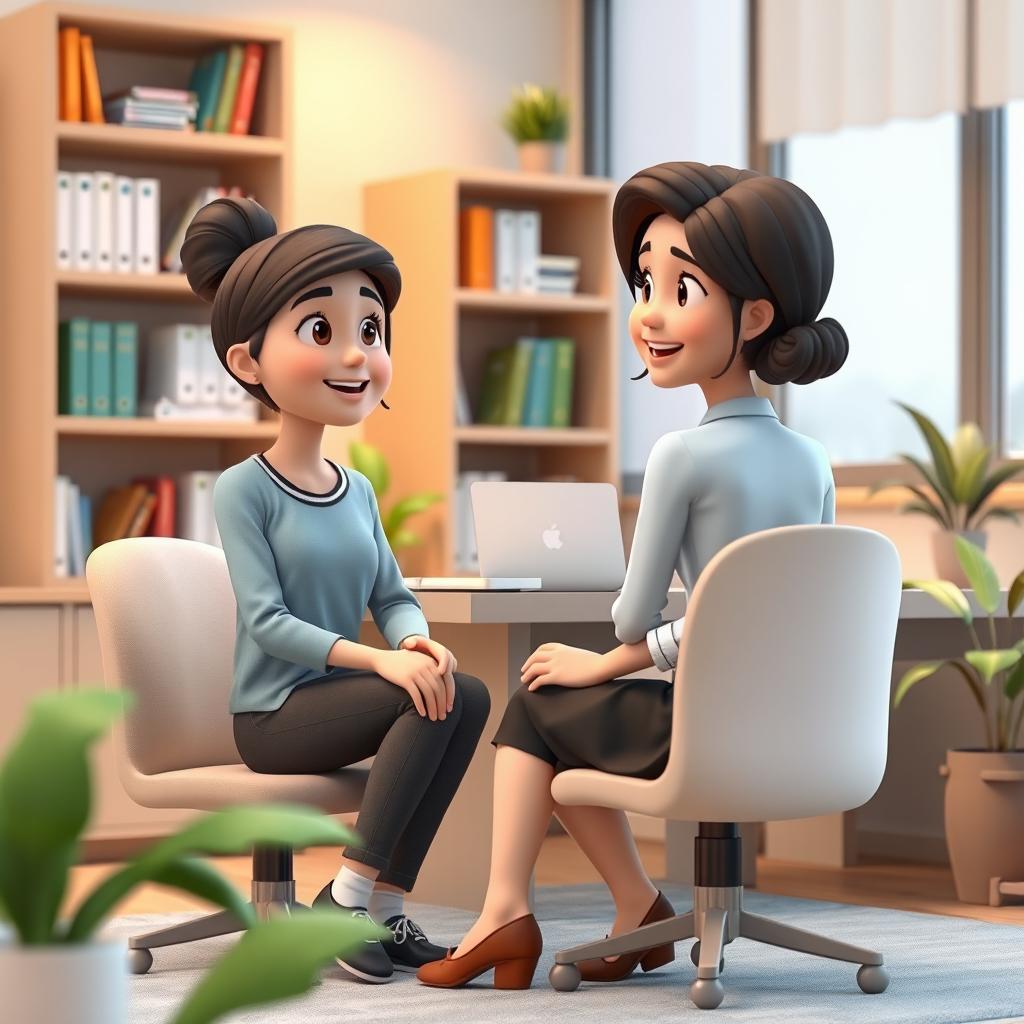 A 3D animation scene featuring a medium shot of a young woman named Emma sitting in a cozy school counselor's office