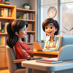 A 3D animation scene featuring a medium shot of a young woman named Emma sitting in a cozy school counselor's office
