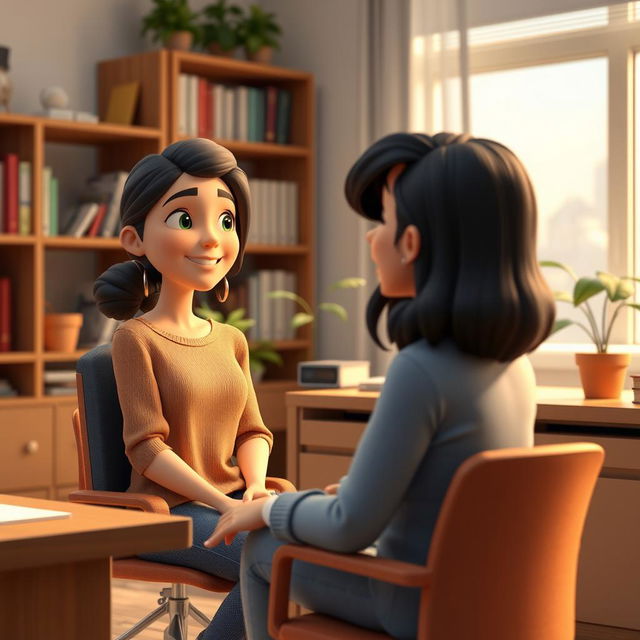 A 3D animation scene featuring a medium shot of a young woman named Emma sitting in a cozy school counselor's office