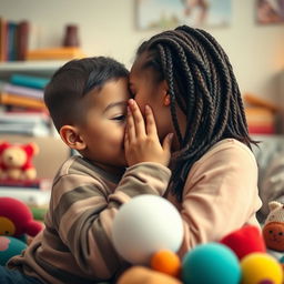 An older sister with braided hair whispering in her younger brother's ear, surrounded by various objects that obscure her face