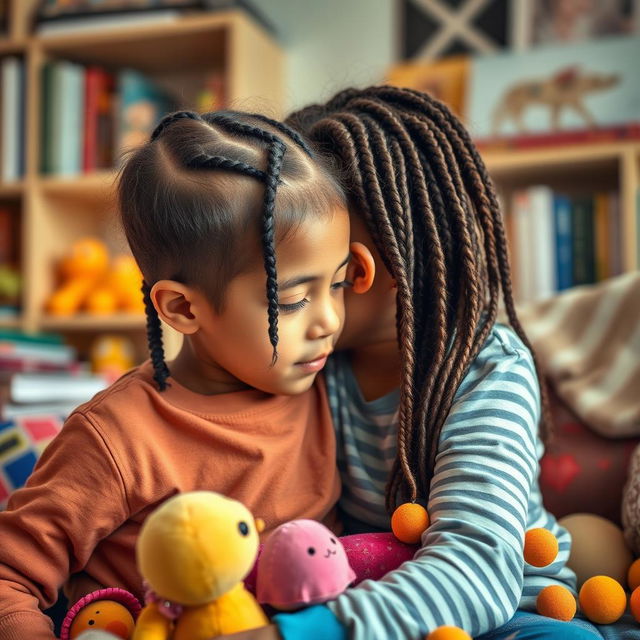 An older sister with braided hair whispering in her younger brother's ear, surrounded by various objects that obscure her face