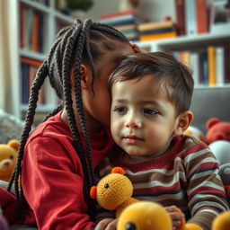 An older sister with braided hair whispering in her younger brother's ear, surrounded by various objects that obscure her face