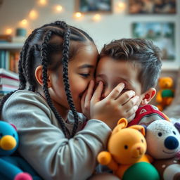 An older sister with braided hair whispering in her younger brother's ear, surrounded by various objects that obscure her face
