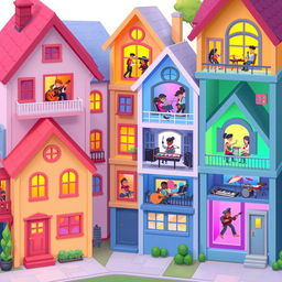 A vibrant 2D game scene showing an assortment of stylized houses representing different music genres, each house is designed to look like a multi-layered musical composition