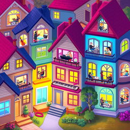 A vibrant 2D game scene showing an assortment of stylized houses representing different music genres, each house is designed to look like a multi-layered musical composition