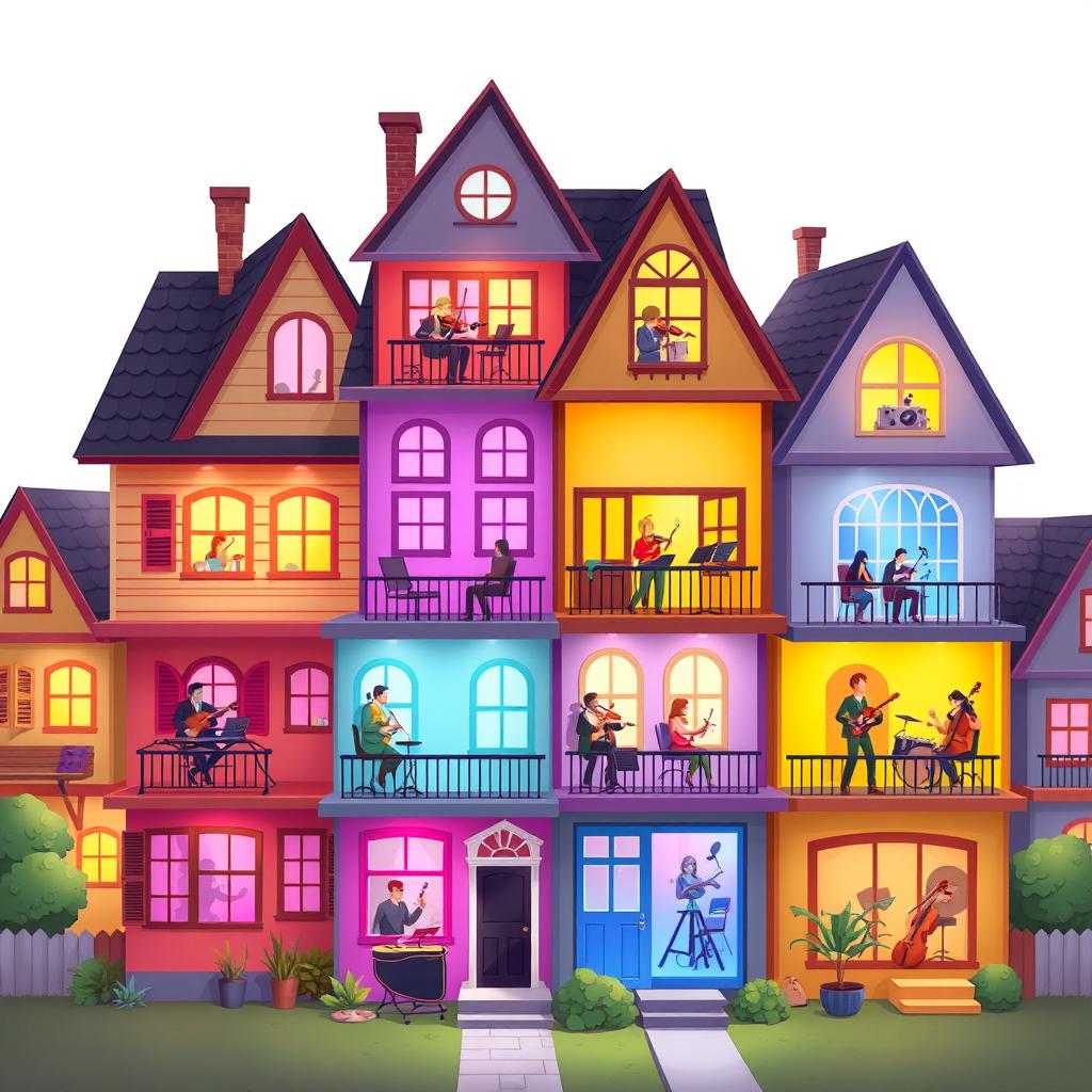 A vibrant 2D game scene showing an assortment of stylized houses representing different music genres, each house is designed to look like a multi-layered musical composition