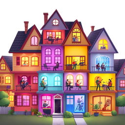 A vibrant 2D game scene showing an assortment of stylized houses representing different music genres, each house is designed to look like a multi-layered musical composition