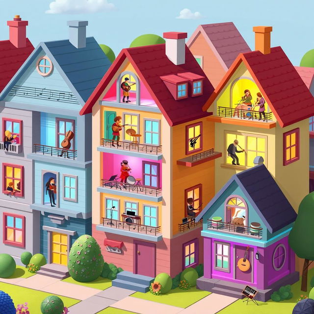 A vibrant 2D game scene showing an assortment of stylized houses representing different music genres, each house is designed to look like a multi-layered musical composition