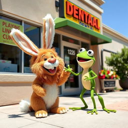 Outside a dental office, a lion disguised as a rabbit joyfully interacts with a laughing green frog