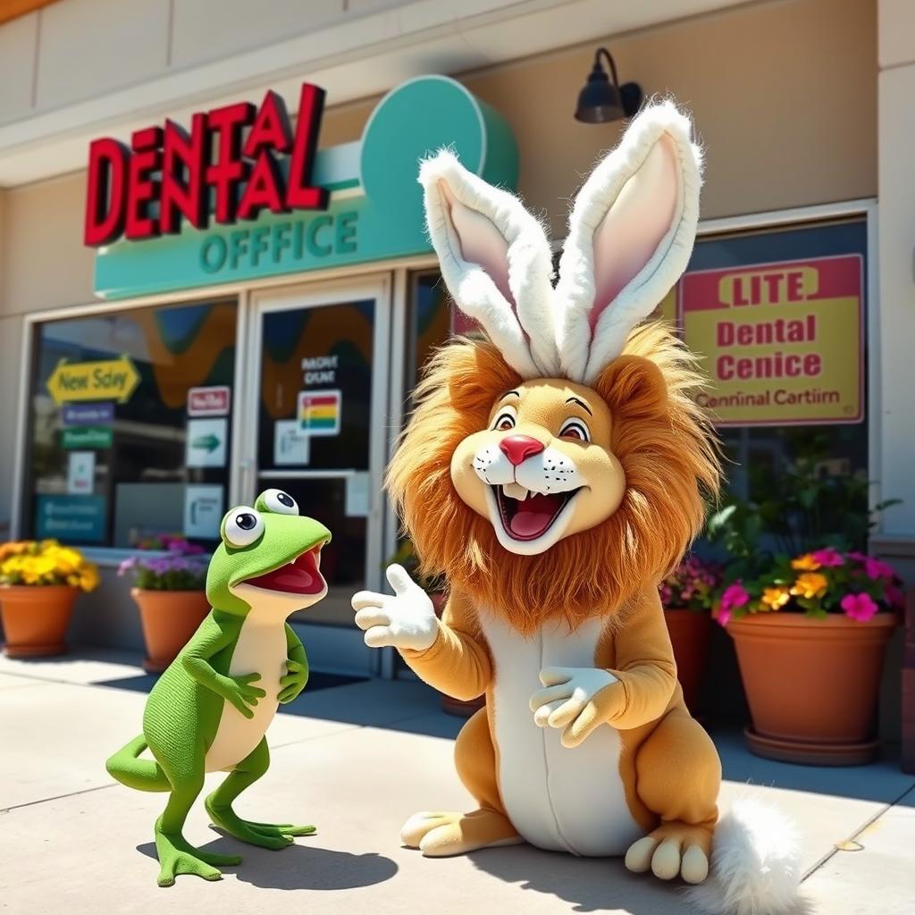 Outside a dental office, a lion disguised as a rabbit joyfully interacts with a laughing green frog