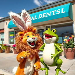 Outside a dental office, a lion disguised as a rabbit joyfully interacts with a laughing green frog