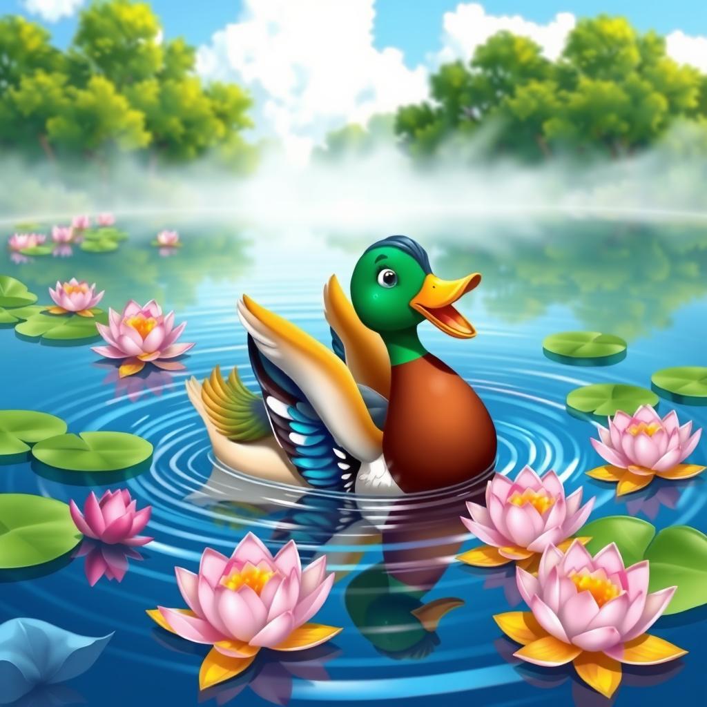 A vibrant and colorful illustration of a pato (duck) swimming gracefully on a serene lake surrounded by blooming lotus flowers and green lily pads